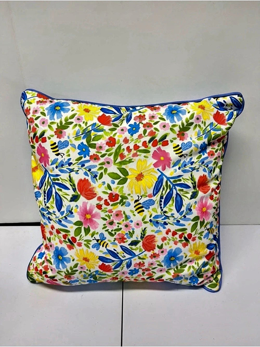 Lillian August 20x20 Outdoor Throw Pillow Bright Floral Bees Blue Stripe Reversi